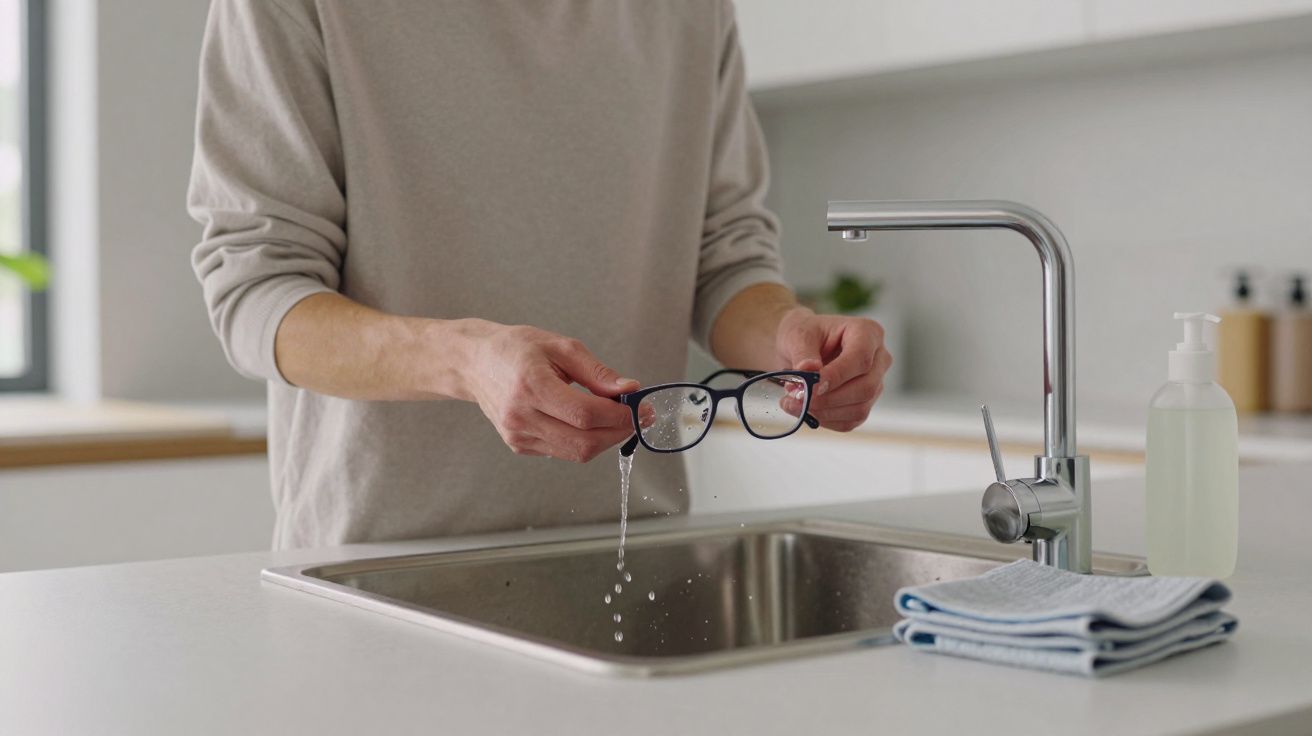 Persona lavando gafas en el fregadero de una cocina moderna, con un dispensador de jabón y un paño al lado.