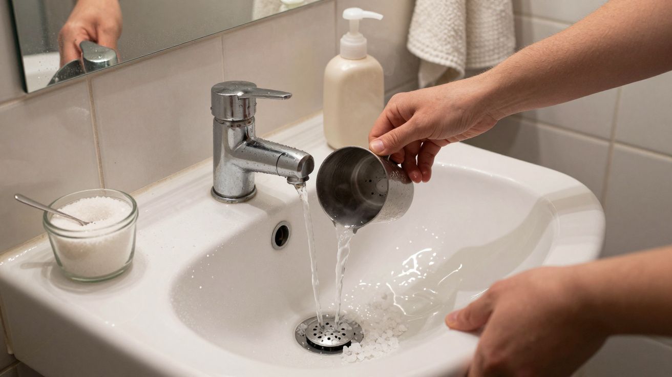 Manos vertiendo agua en un lavabo, junto a un recipiente con sal y un dispensador de jabón en un baño.