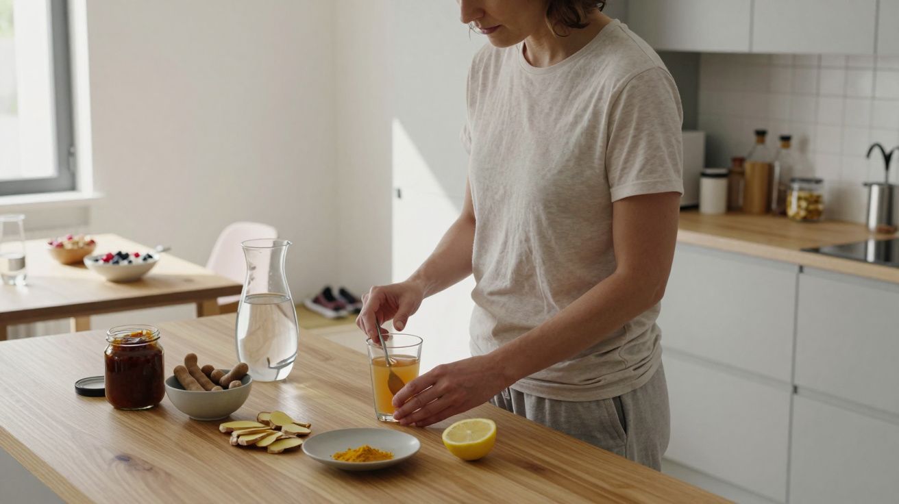 Persona preparando bebida en la cocina con zumo y rodajas de jengibre sobre la mesa de madera.