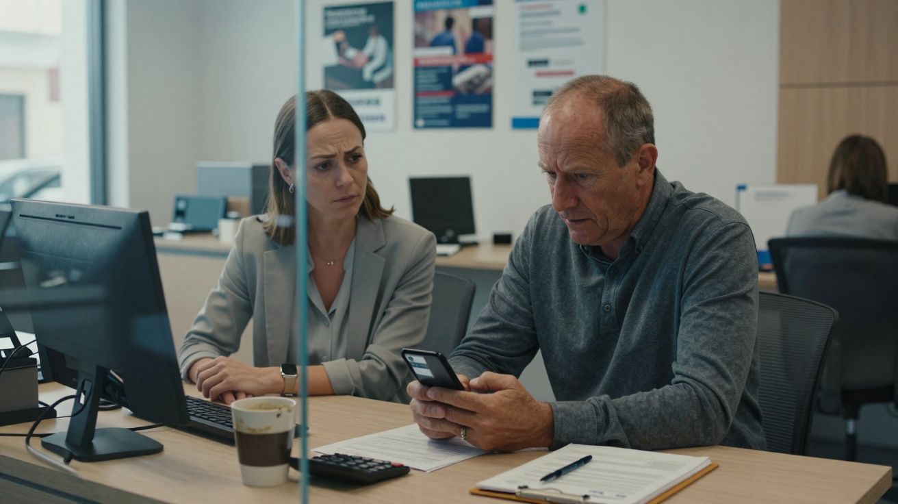 Hombre mayor con móvil junto a mujer en oficina. Computadora, taza, y papeles sobre el escritorio. Ambiente profesional.