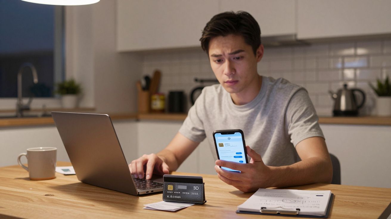 Joven en cocina usando portátil y móvil, con tarjeta de crédito y documentos sobre la mesa.
