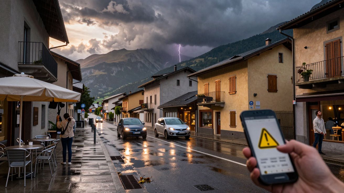 Calle lluviosa con coches, relámpago en el cielo y mano sosteniendo un móvil con alerta de tormenta.