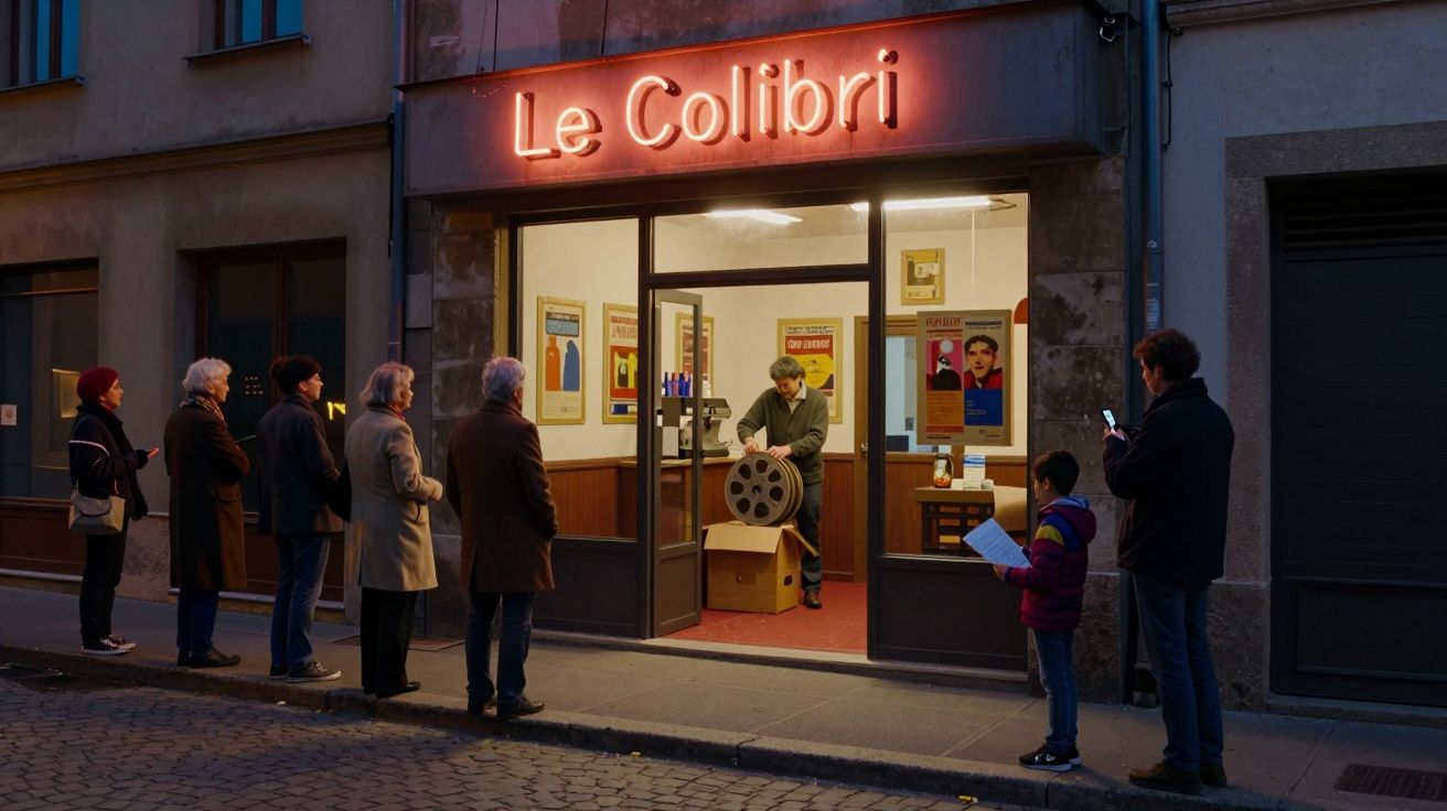 Personas hacen fila en una calle frente a una tienda llamada "Le Colibri", donde un hombre prepara una película.