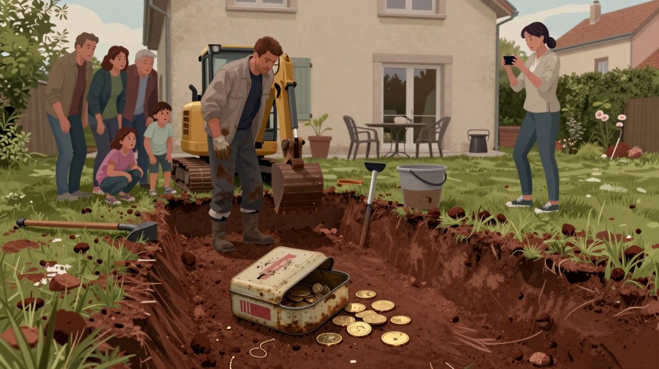 Hombre desenterrando caja con monedas de oro en un jardín, rodeado de personas observando y una mujer tomando fotos.