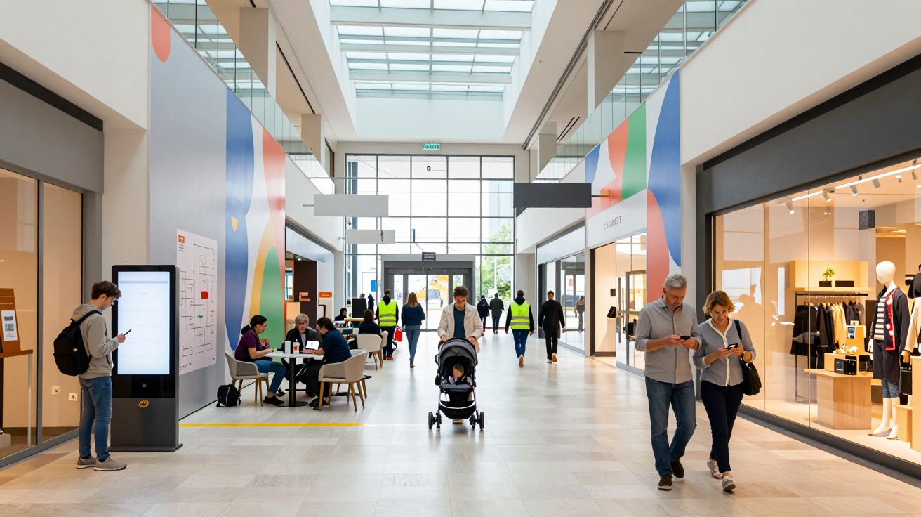 Centro comercial moderno con personas caminando, tiendas a los lados y luz natural entrando desde el techo.
