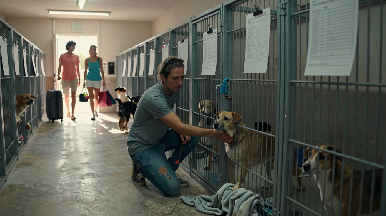 Hombre acaricia un perro en una jaula de refugio mientras una pareja entra al pasillo con bolsas y maleta.