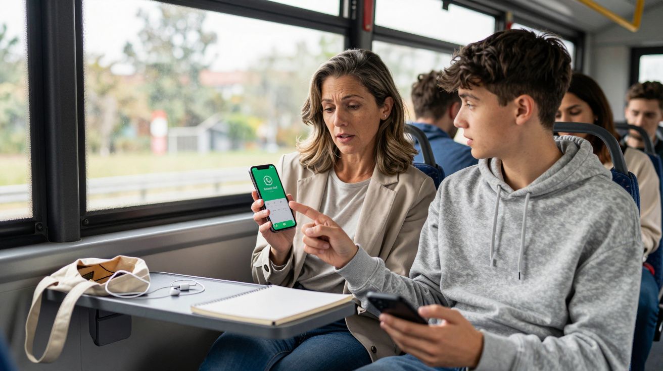 Mujer y joven en un autobús, ella muestra pantalla de móvil con aplicación verde. Él señala el dispositivo, mochila cercana.
