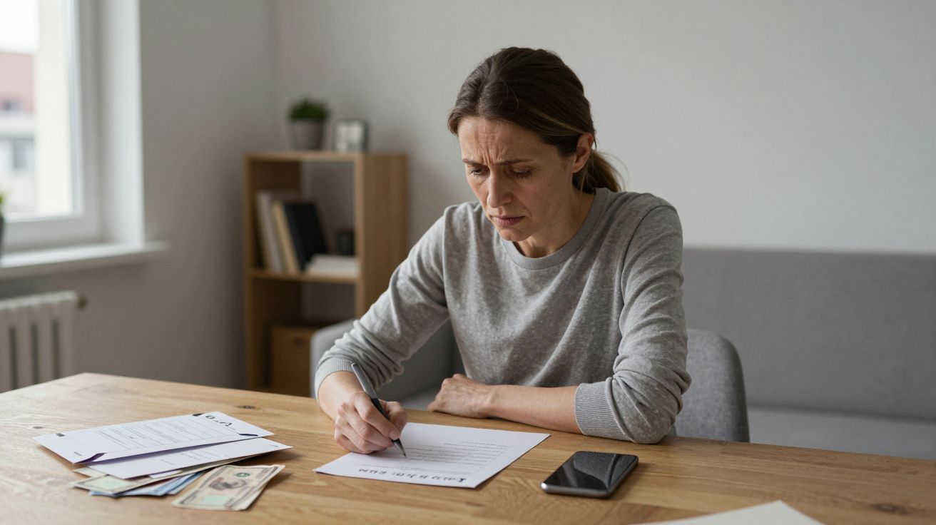 Mujer escribiendo en un papel en una mesa de madera, junto a dinero y un teléfono, en una habitación con luz natural.